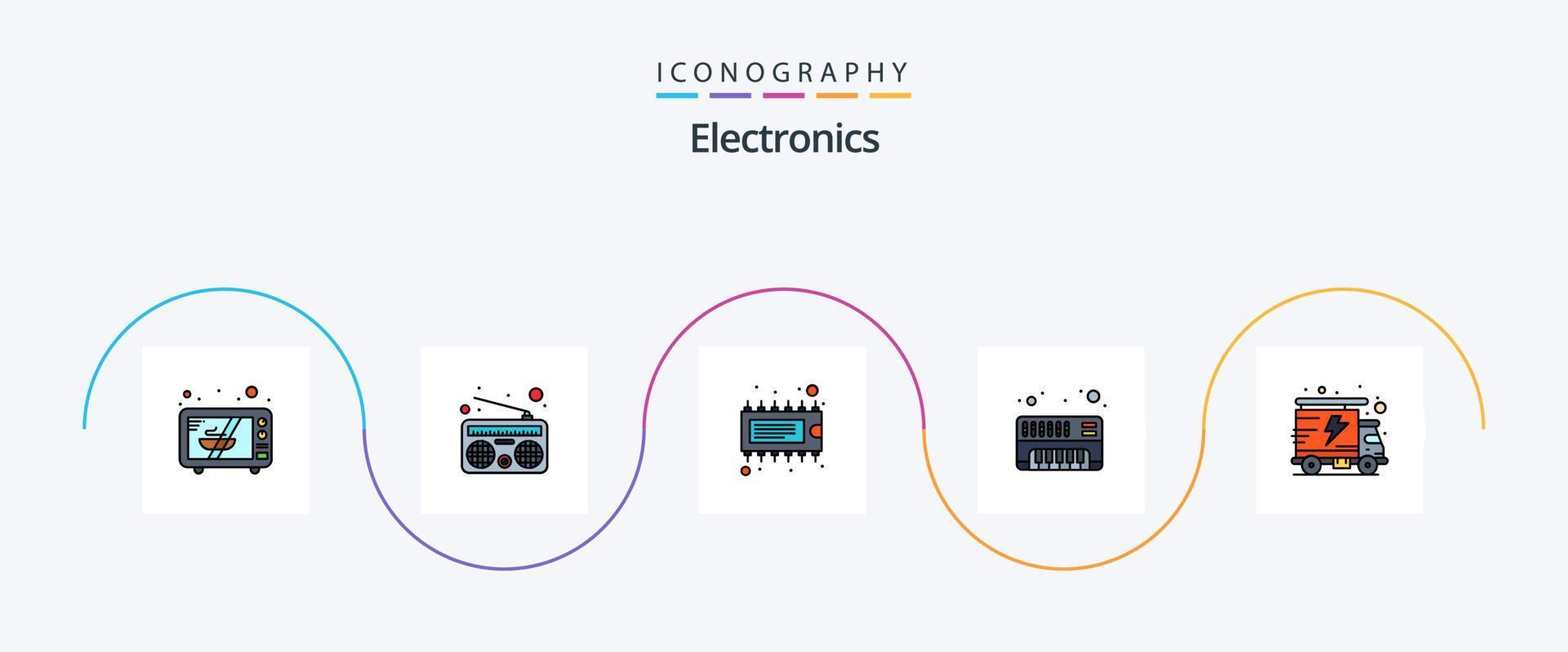 Electronics Line Filled Flat 5 Icon Pack Including . truck. electronic. packet. synthesizer vector