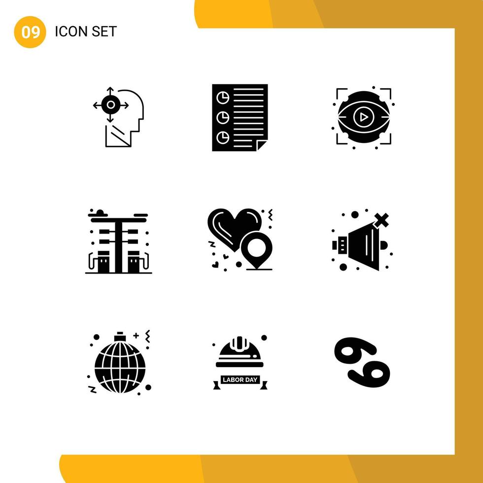 Group of 9 Modern Solid Glyphs Set for pump fuel report cityscape show Editable Vector Design Elements