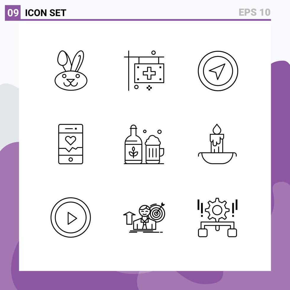 Set of 9 Commercial Outlines pack for bottle sport location smartphone analysis Editable Vector Design Elements