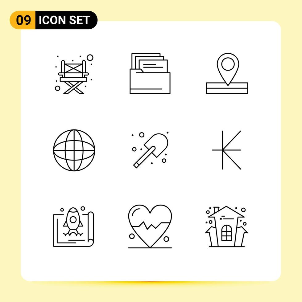 Pack of 9 Modern Outlines Signs and Symbols for Web Print Media such as currency garden place farming education Editable Vector Design Elements
