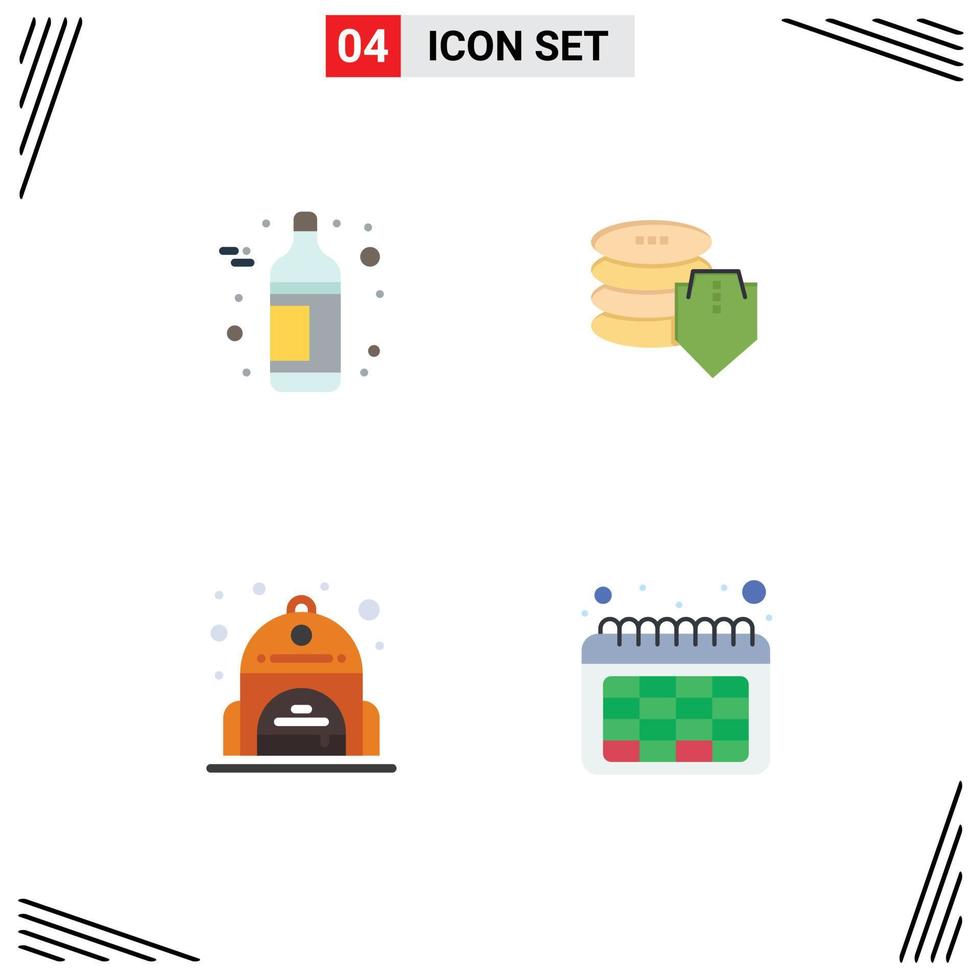 4 User Interface Flat Icon Pack of modern Signs and Symbols of alcohol back bag shield secure date Editable Vector Design Elements