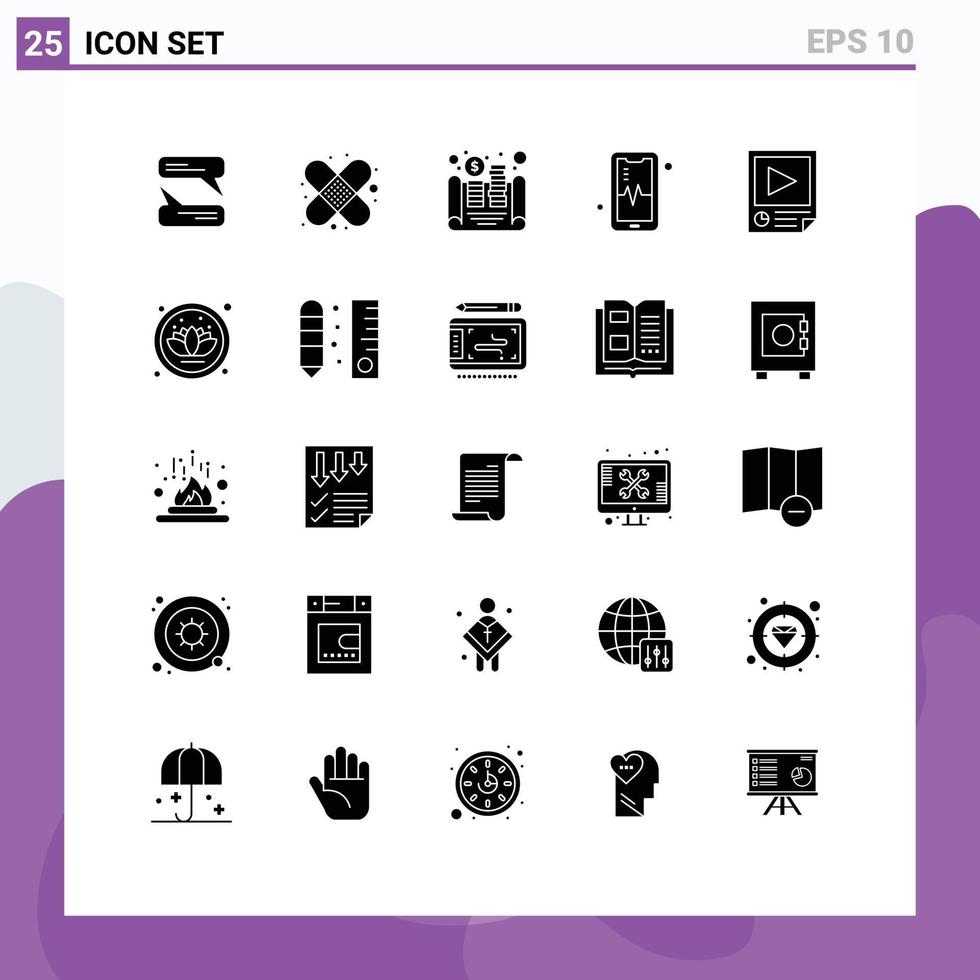 25 Thematic Vector Solid Glyphs and Editable Symbols of report paper money page beat Editable Vector Design Elements