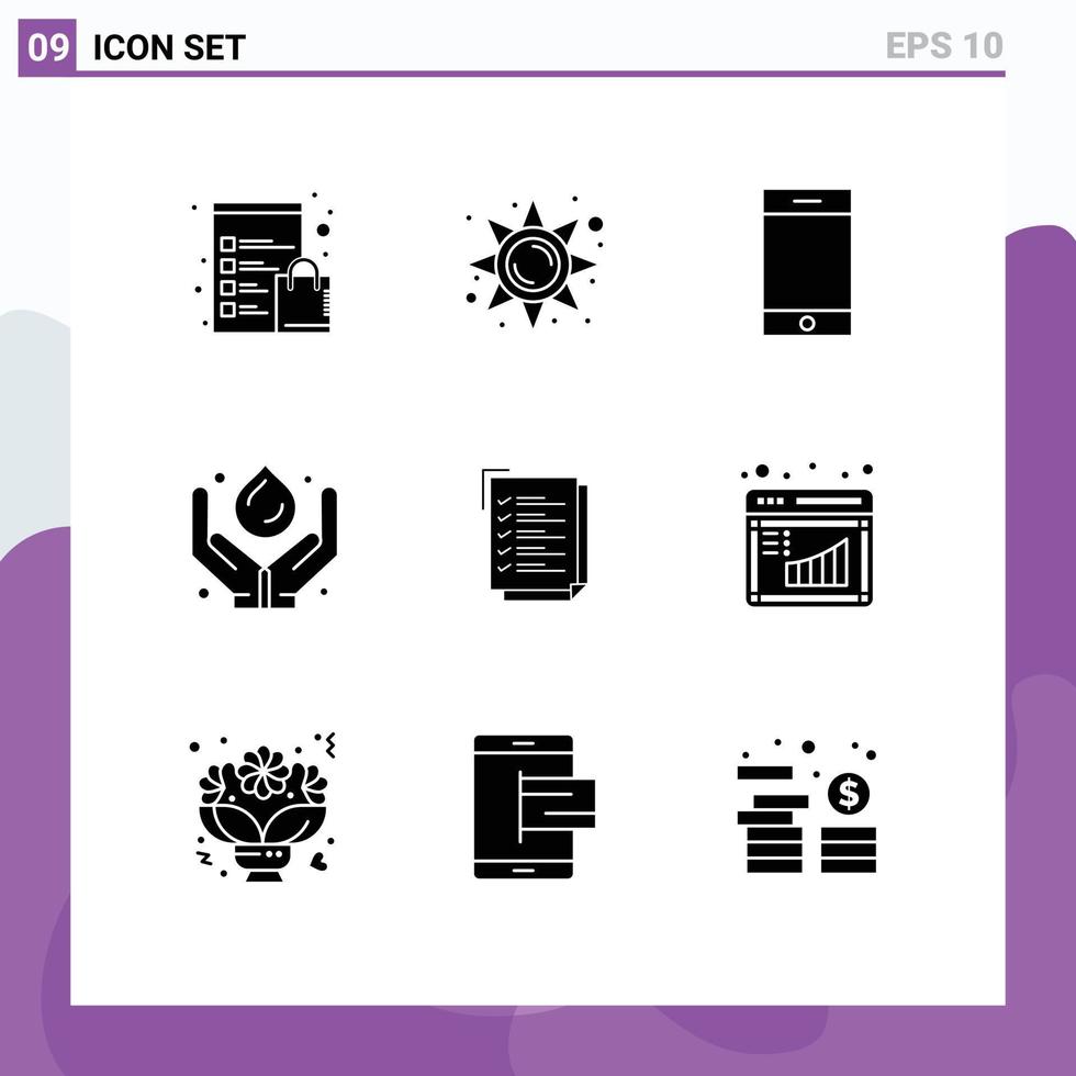 Group of 9 Solid Glyphs Signs and Symbols for to do list renewable device power green technology Editable Vector Design Elements