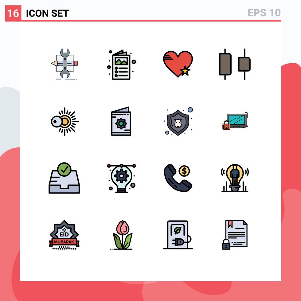 Universal Icon Symbols Group of 16 Modern Flat Color Filled Lines of sun distribute catalogue center like Editable Creative Vector Design Elements