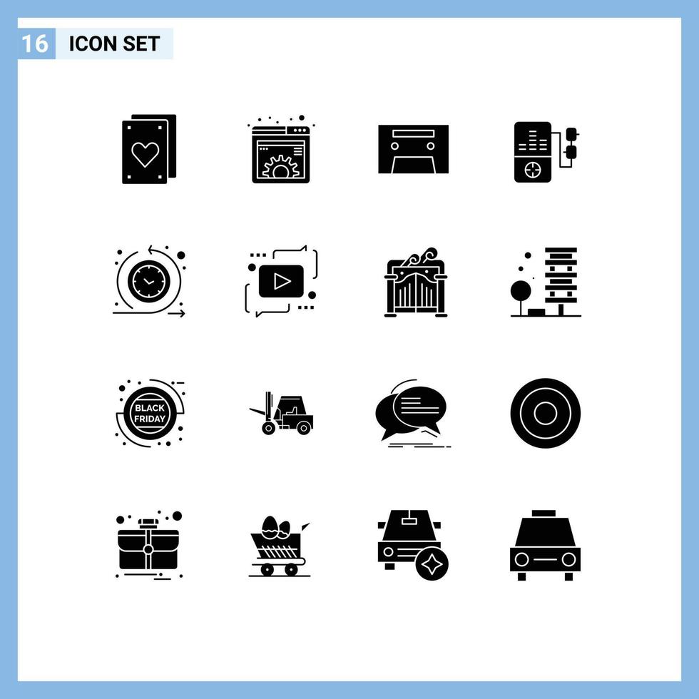 dieciséis usuario interfaz sólido glifo paquete de moderno señales y símbolos de hora proceso regular término análogo ciclo hora jugar editable vector diseño elementos