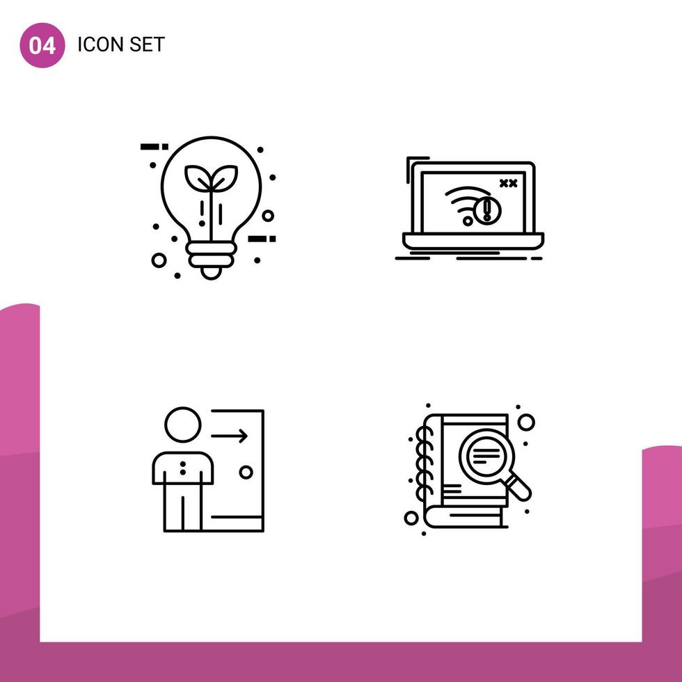 Line Pack of 4 Universal Symbols of bulb internet leaf error employee Editable Vector Design Elements