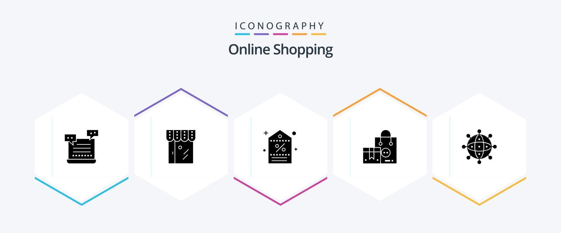 Online Shopping 25 Glyph icon pack including product. bag. shop. tag. promotion vector