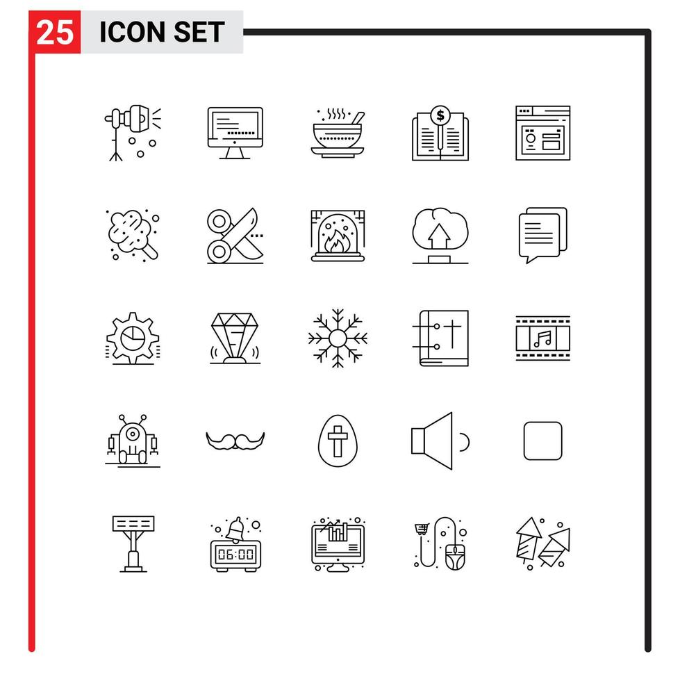 Universal Icon Symbols Group of 25 Modern Lines of investment book value education book tea Editable Vector Design Elements