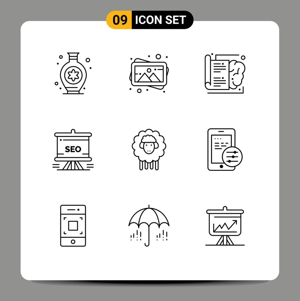 Group of 9 Outlines Signs and Symbols for lamb board brain analytics traning Editable Vector Design Elements