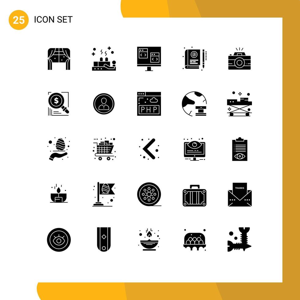 Group of 25 Solid Glyphs Signs and Symbols for education e app e development Editable Vector Design Elements