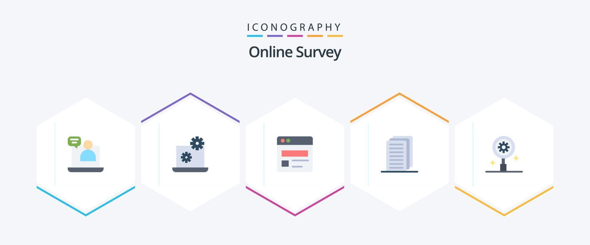 Online Survey 25 Flat icon pack including . gear. web. research. file vector