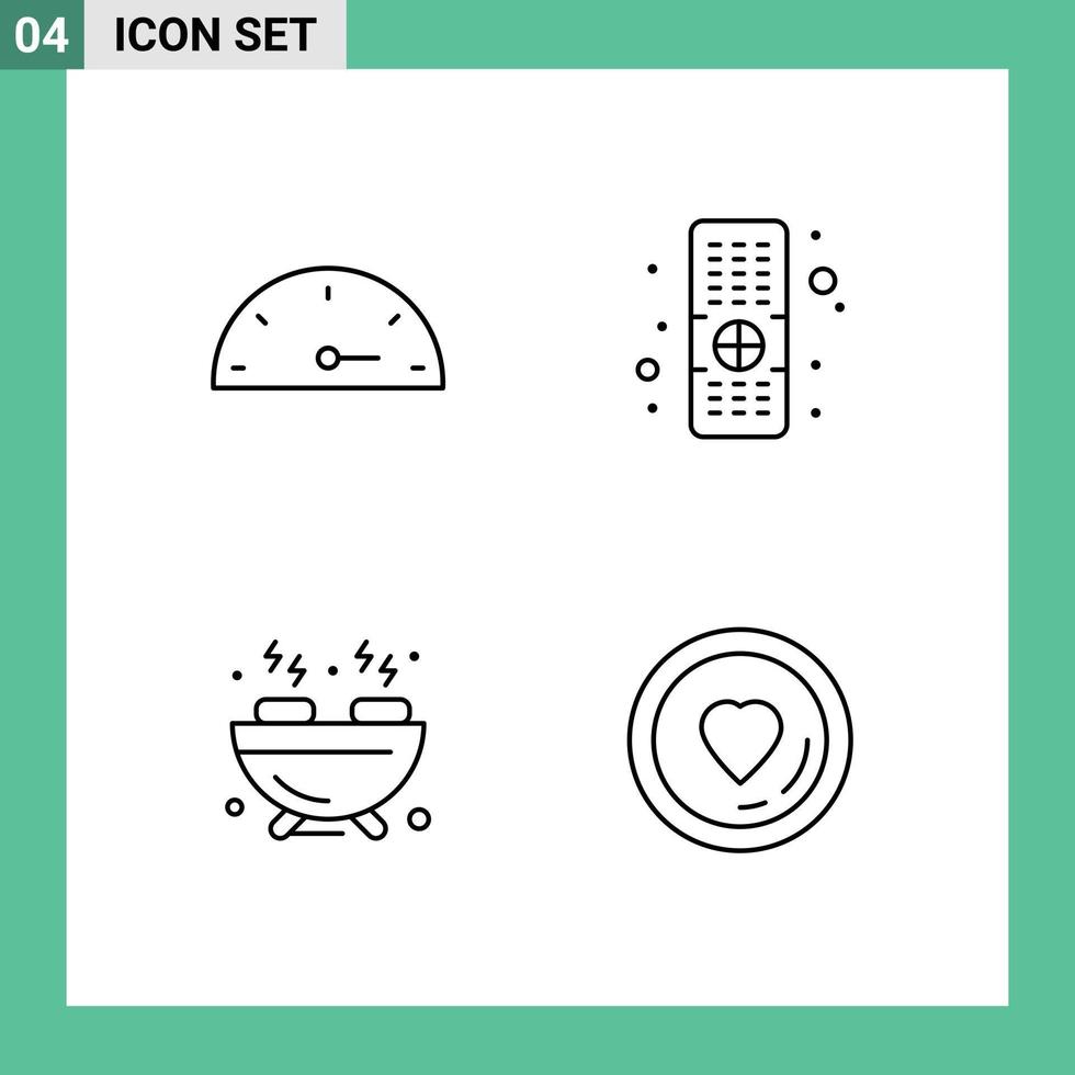 Pack of 4 creative Filledline Flat Colors of gauge heart control barbecue lover Editable Vector Design Elements