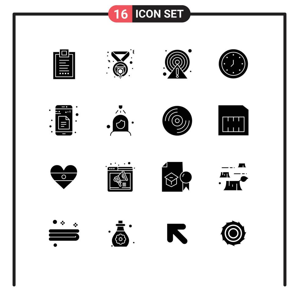 Solid Glyph Pack of 16 Universal Symbols of timer clock feminism alert point Editable Vector Design Elements