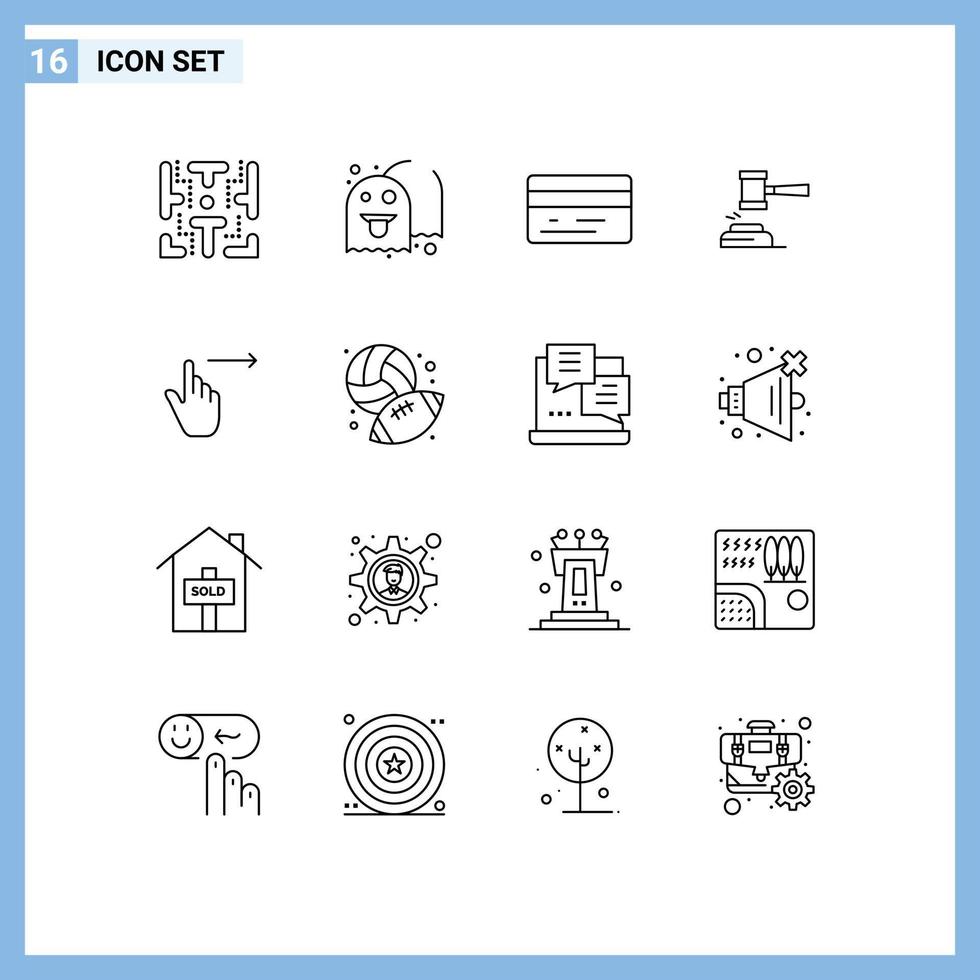 Universal Icon Symbols Group of 16 Modern Outlines of law hammer back gavel auction Editable Vector Design Elements