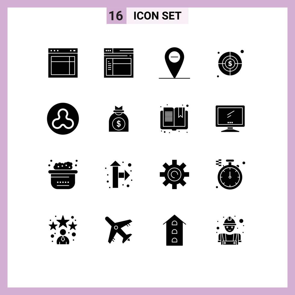 universal icono símbolos grupo de dieciséis moderno sólido glifos de capital blockchain sitio web onda objetivo editable vector diseño elementos