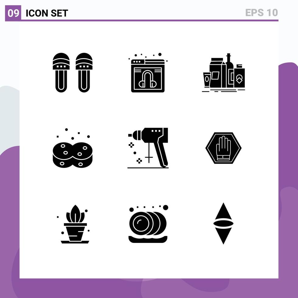 Set of 9 Vector Solid Glyphs on Grid for construction sponges packaging hygienic bottle Editable Vector Design Elements