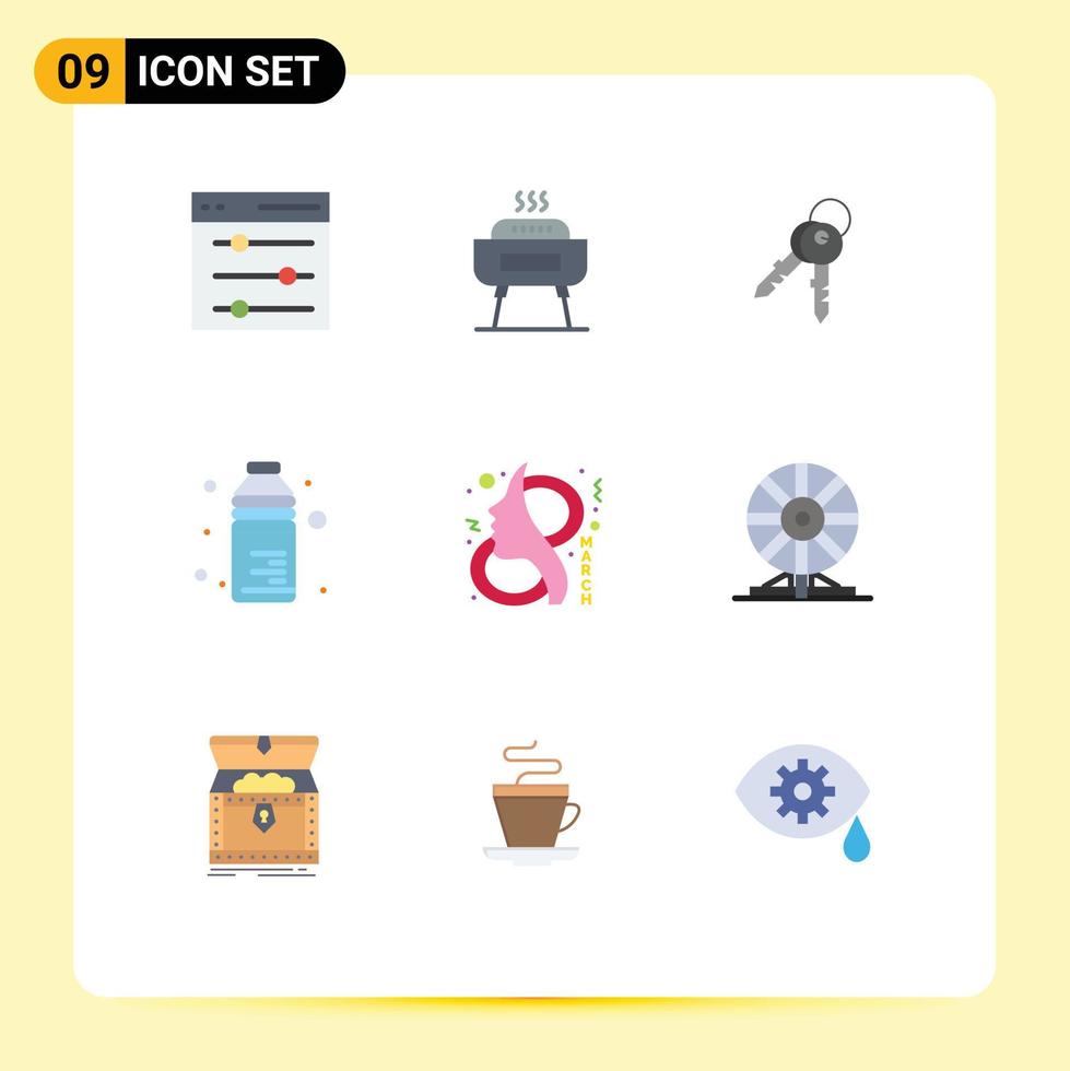 9 Universal Flat Color Signs Symbols of eight water keys food bottle Editable Vector Design Elements