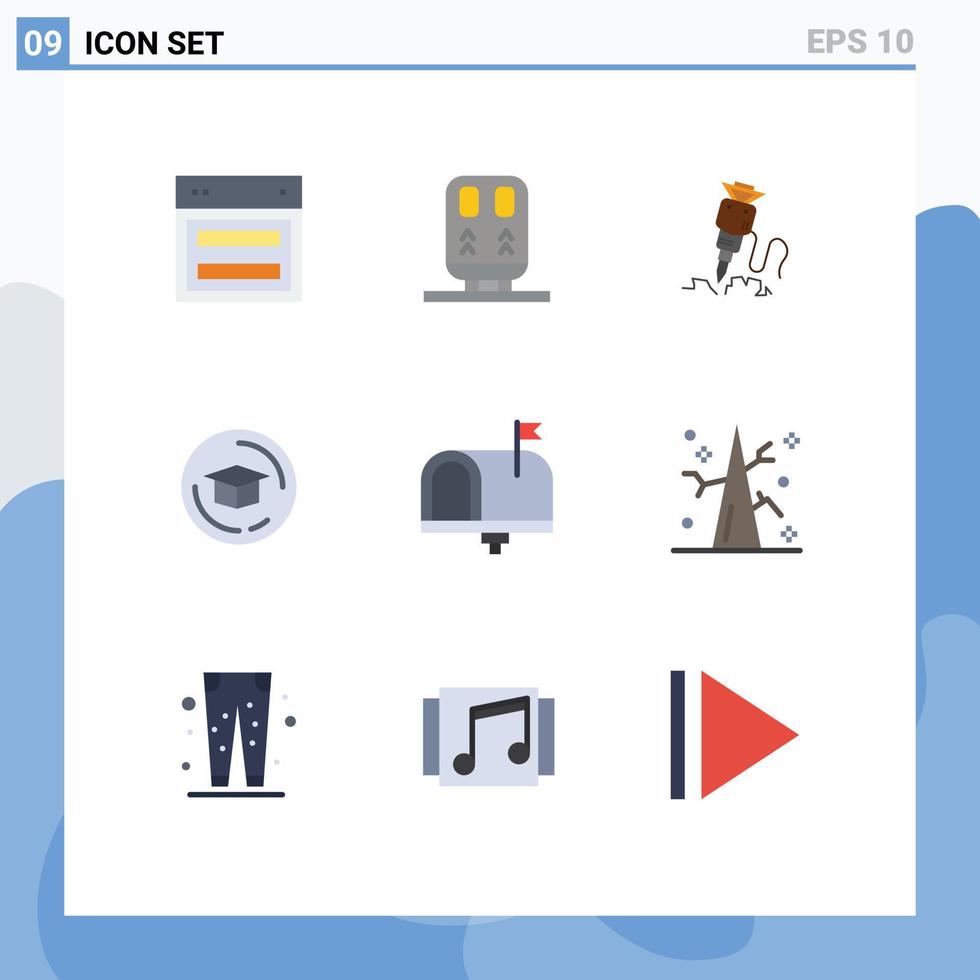Pack of 9 Modern Flat Colors Signs and Symbols for Web Print Media such as communication education transportation cap repair Editable Vector Design Elements