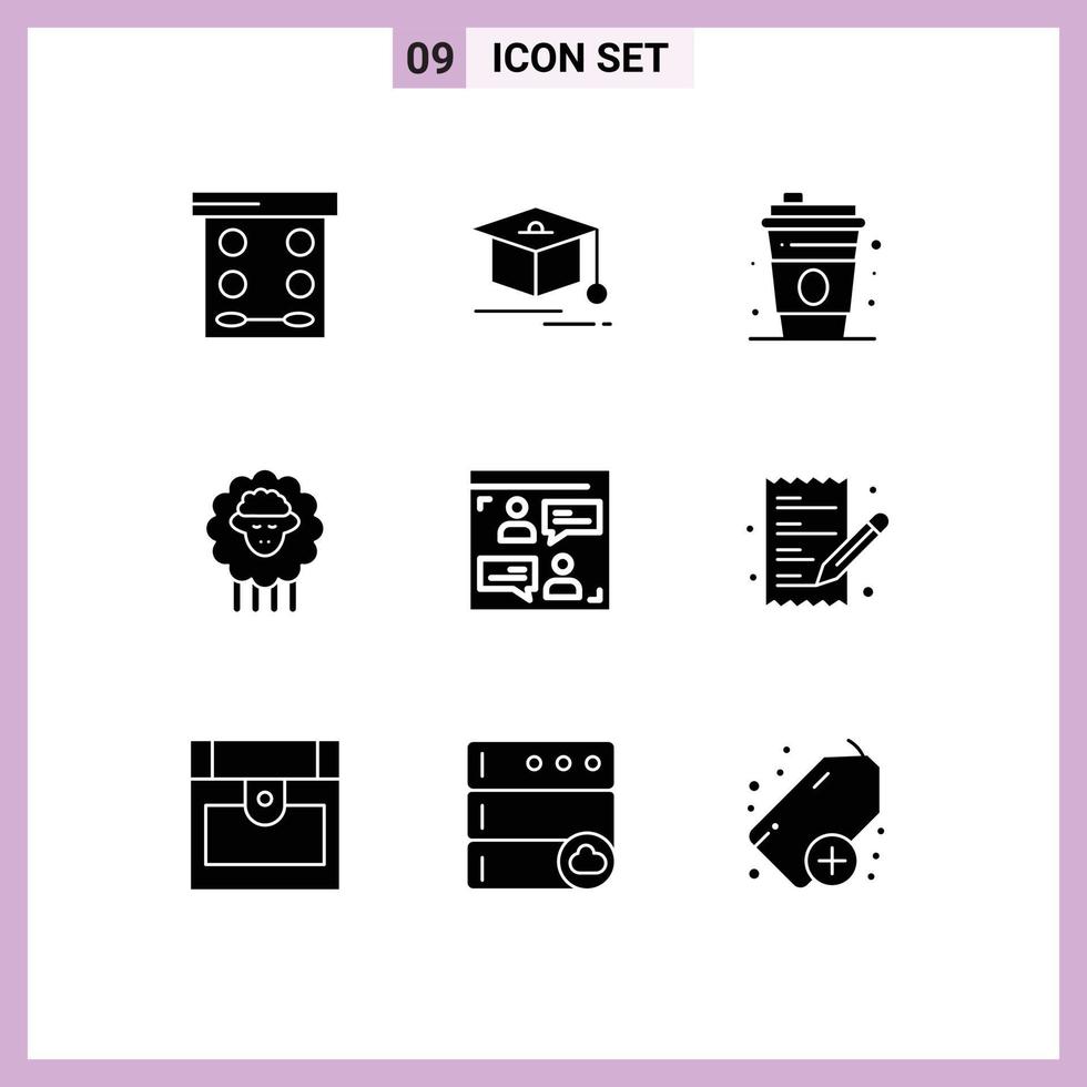 Group of 9 Modern Solid Glyphs Set for designer chat drink web sheep Editable Vector Design Elements