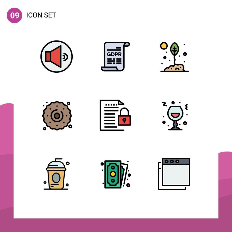 Pictogram Set of 9 Simple Filledline Flat Colors of document sweets eco food cookie Editable Vector Design Elements