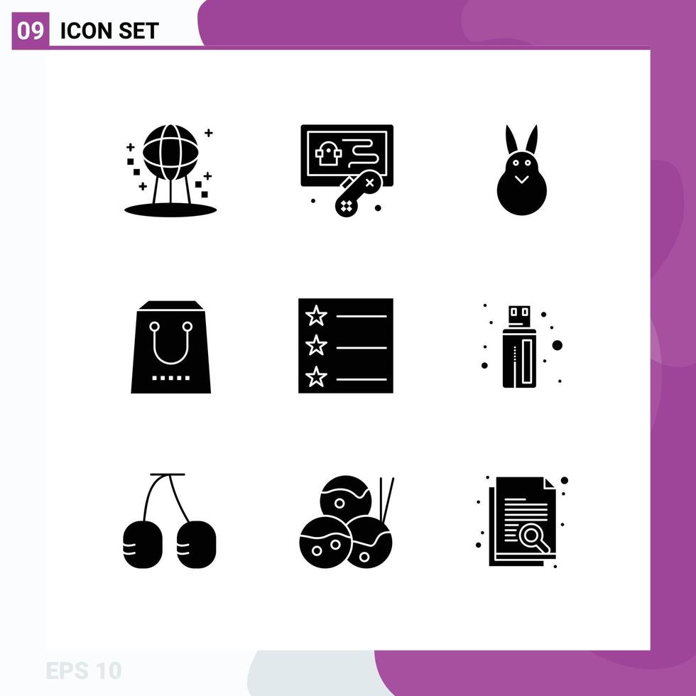 Set of 9 Commercial Solid Glyphs pack for list purchase easter package commerce Editable Vector Design Elements