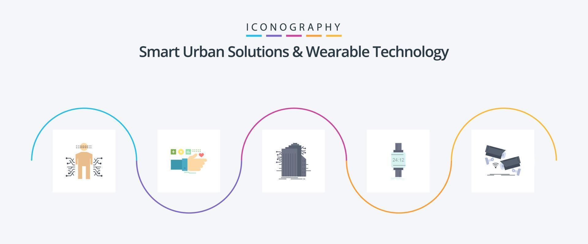 Smart Urban Solutions And Wearable Technology Flat 5 Icon Pack Including watch. smart watch. heart. internet. smart city vector