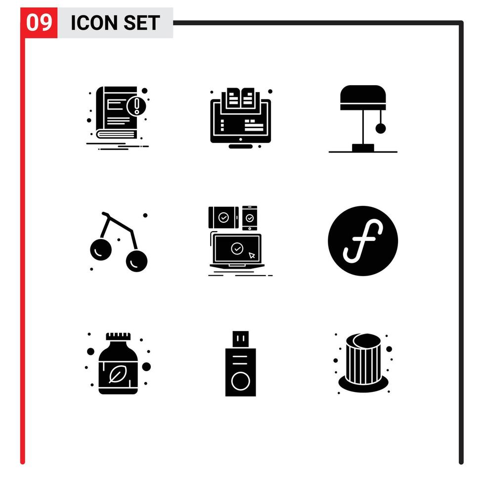 Modern Set of 9 Solid Glyphs and symbols such as computer fruit online summer light Editable Vector Design Elements