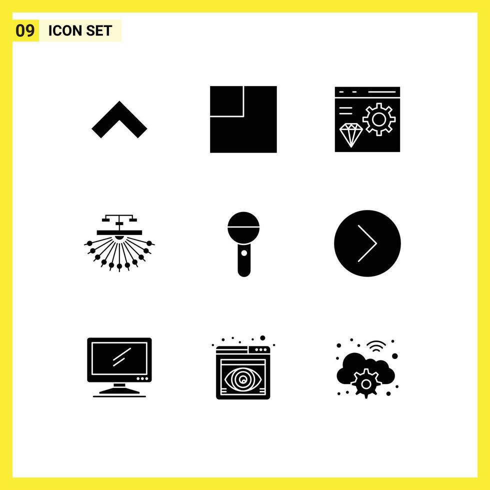 Pack of 9 creative Solid Glyphs of microphone media develop web site Editable Vector Design Elements