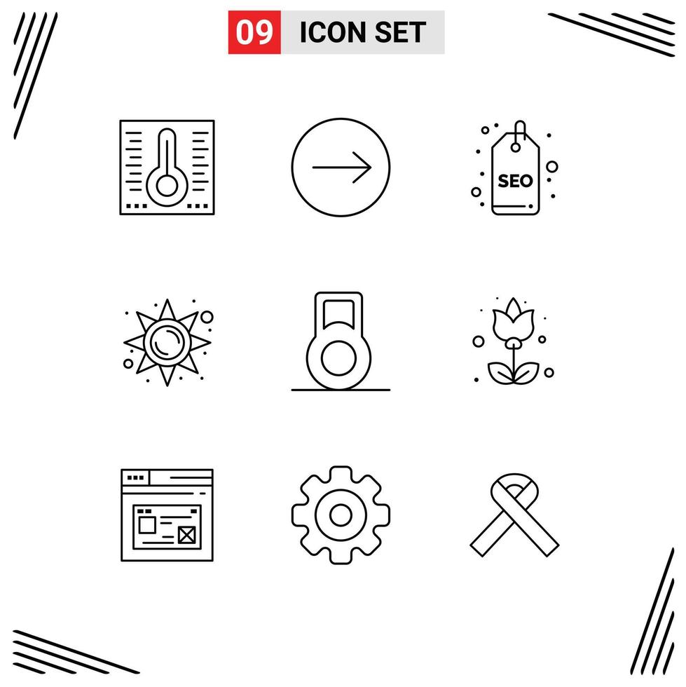 User Interface Pack of 9 Basic Outlines of floral flower seo tag dumbbell sun Editable Vector Design Elements
