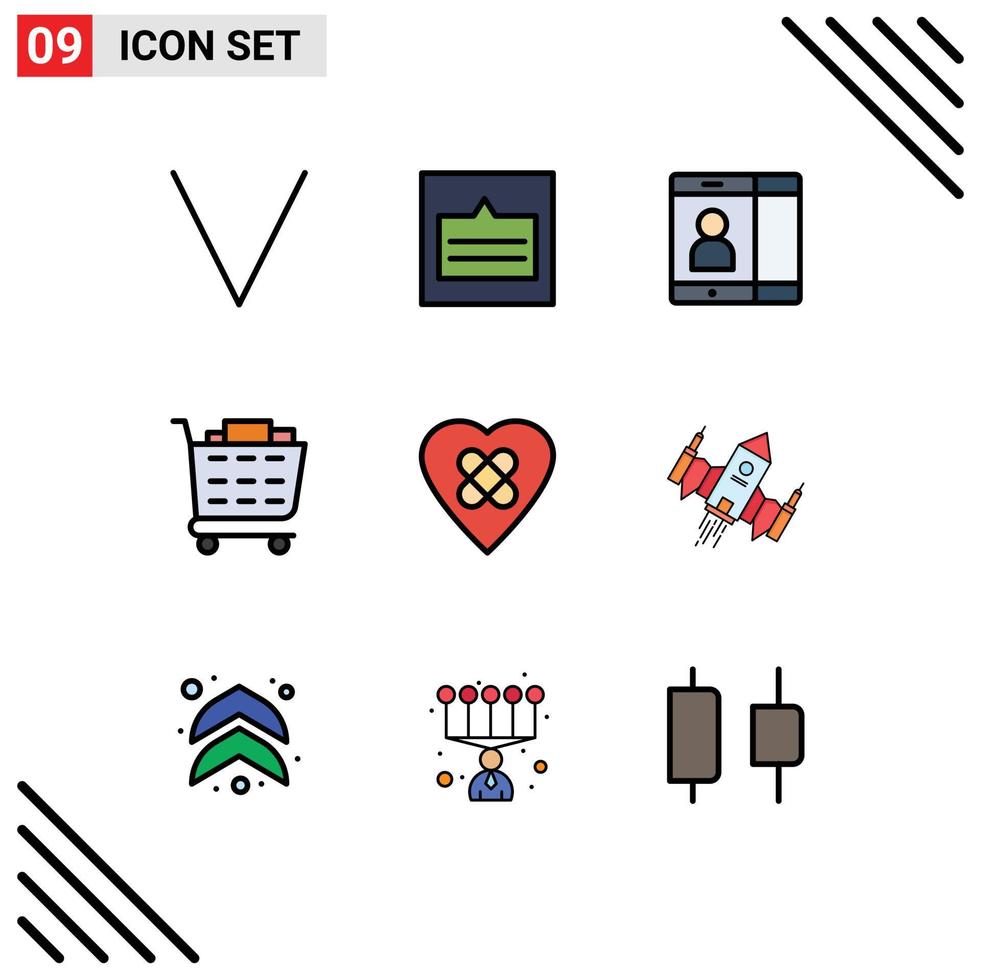 Mobile Interface Filledline Flat Color Set of 9 Pictograms of spacecraft heart mobile heal checkout Editable Vector Design Elements