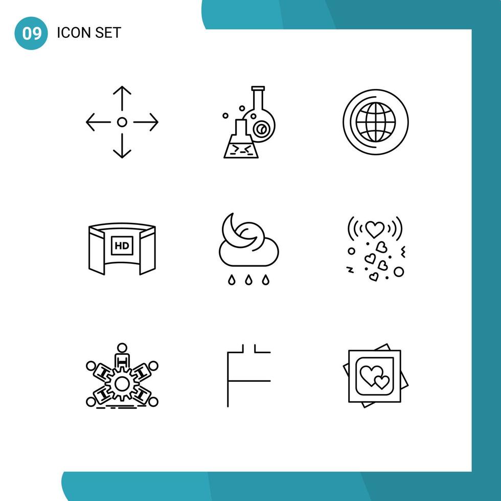 Modern Set of 9 Outlines Pictograph of moon hd education screencinema display Editable Vector Design Elements