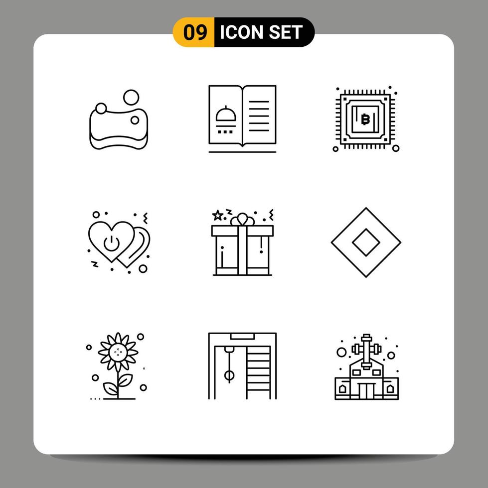 Pack of 9 creative Outlines of present power bitcoin off heart Editable Vector Design Elements