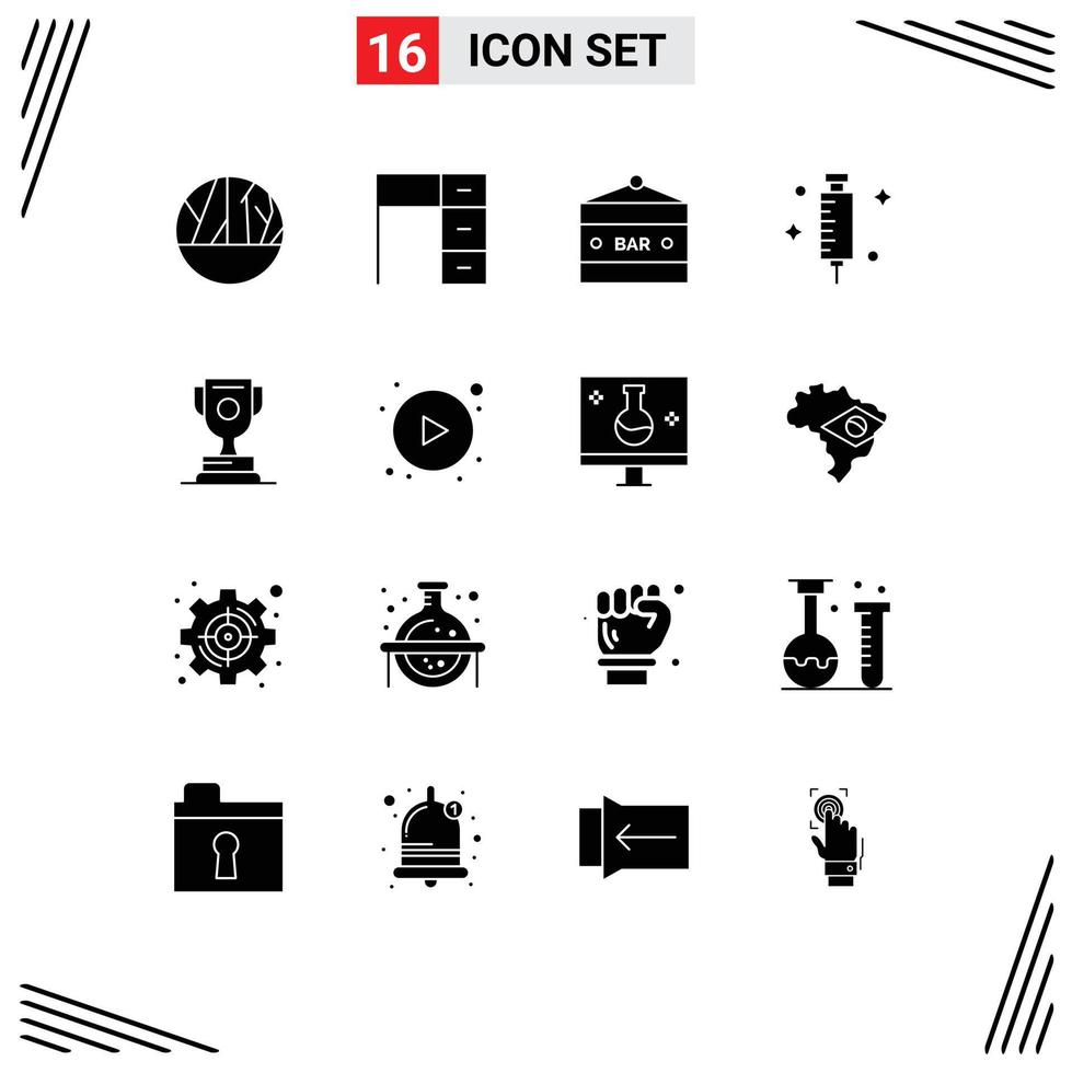 Group of 16 Modern Solid Glyphs Set for syringe hospital work doctor entertainment Editable Vector Design Elements