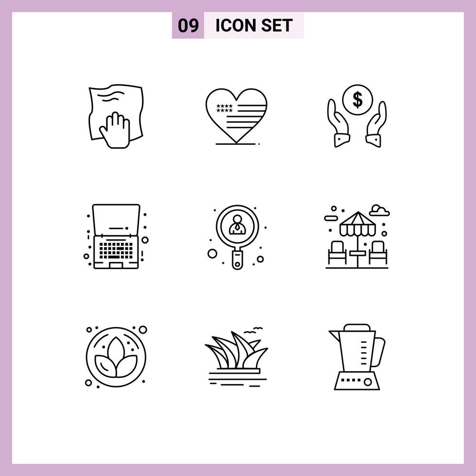 Mobile Interface Outline Set of 9 Pictograms of offer laptop flag discount protection Editable Vector Design Elements