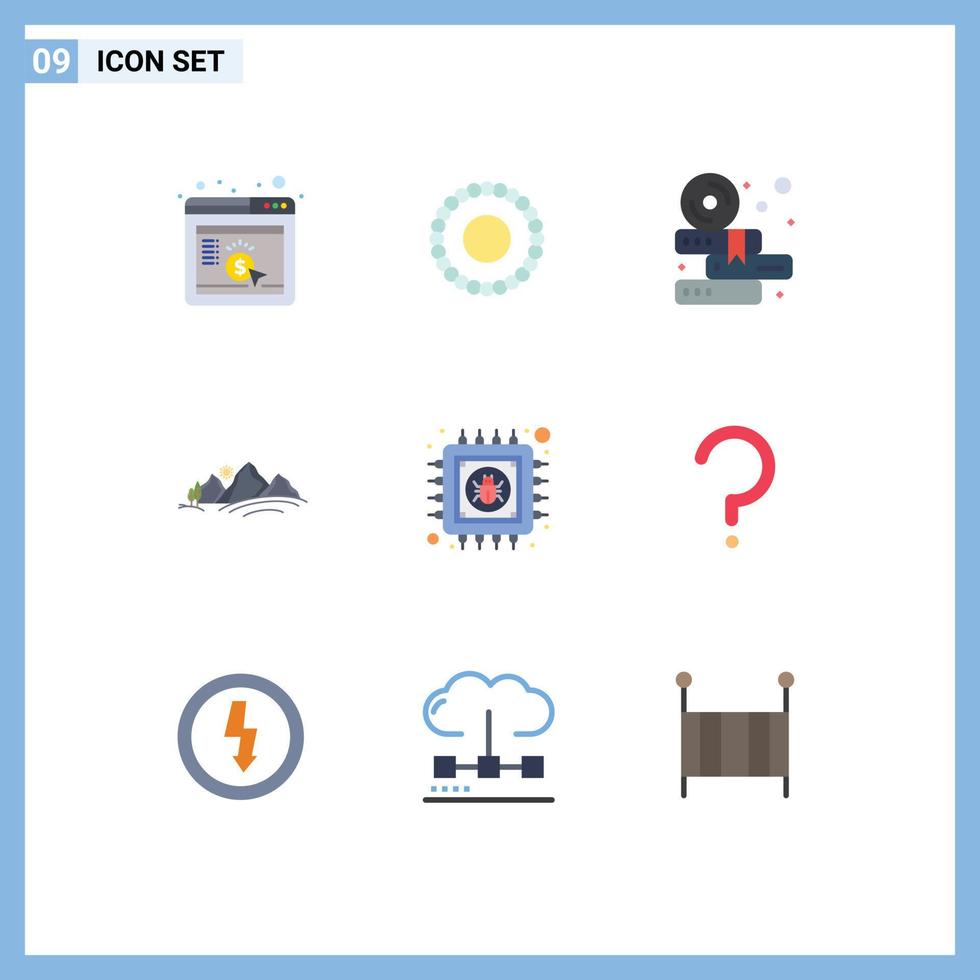 9 User Interface Flat Color Pack of modern Signs and Symbols of chip sun education mountain landscape Editable Vector Design Elements