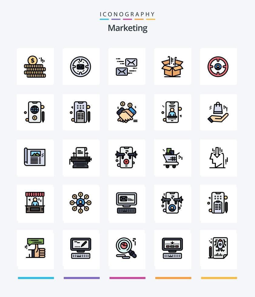 creativo márketing 25 línea lleno icono paquete tal como finanzas. marketing. correo. bienes. negocio vector