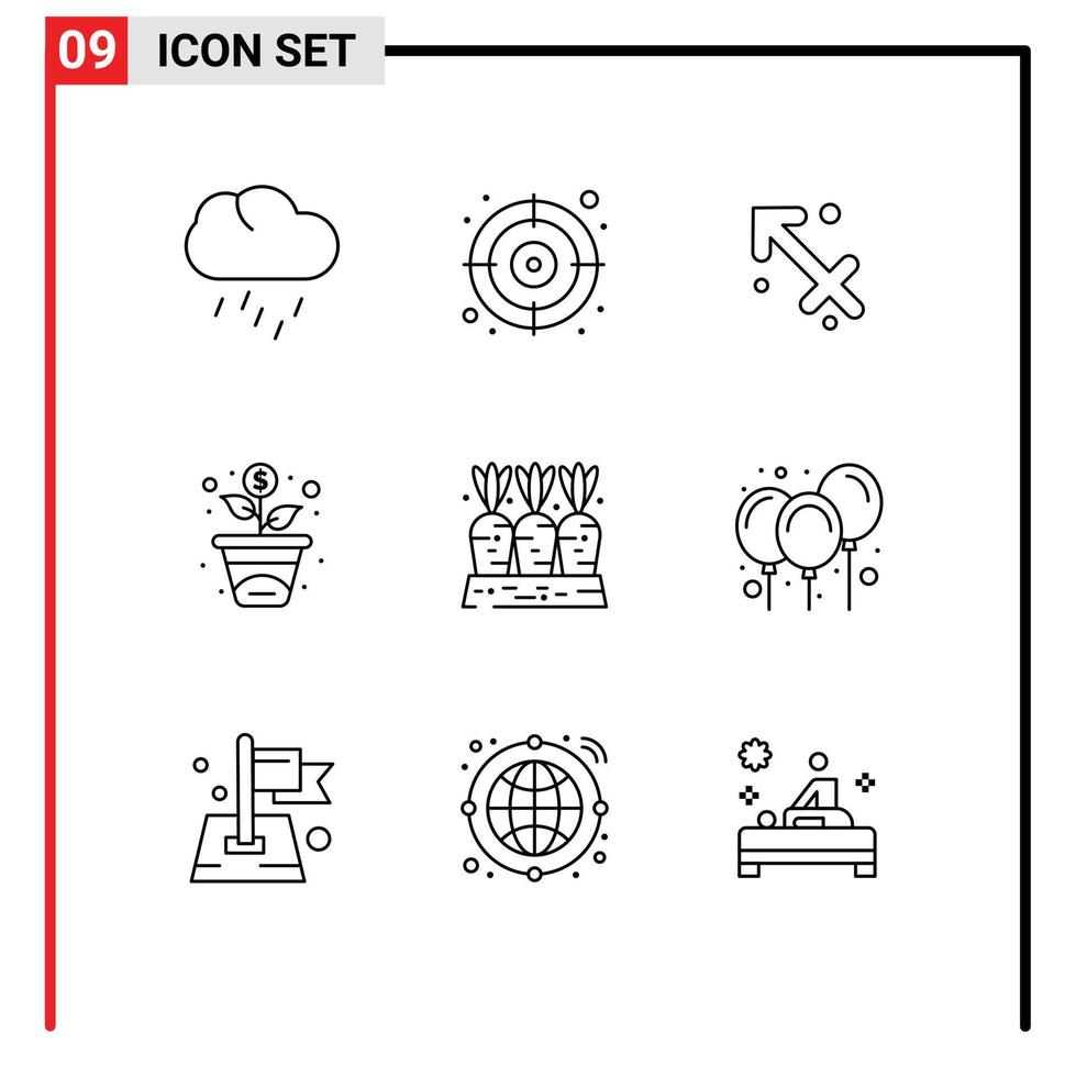 User Interface Pack of 9 Basic Outlines of food carrot sagittarius agriculture growth Editable Vector Design Elements