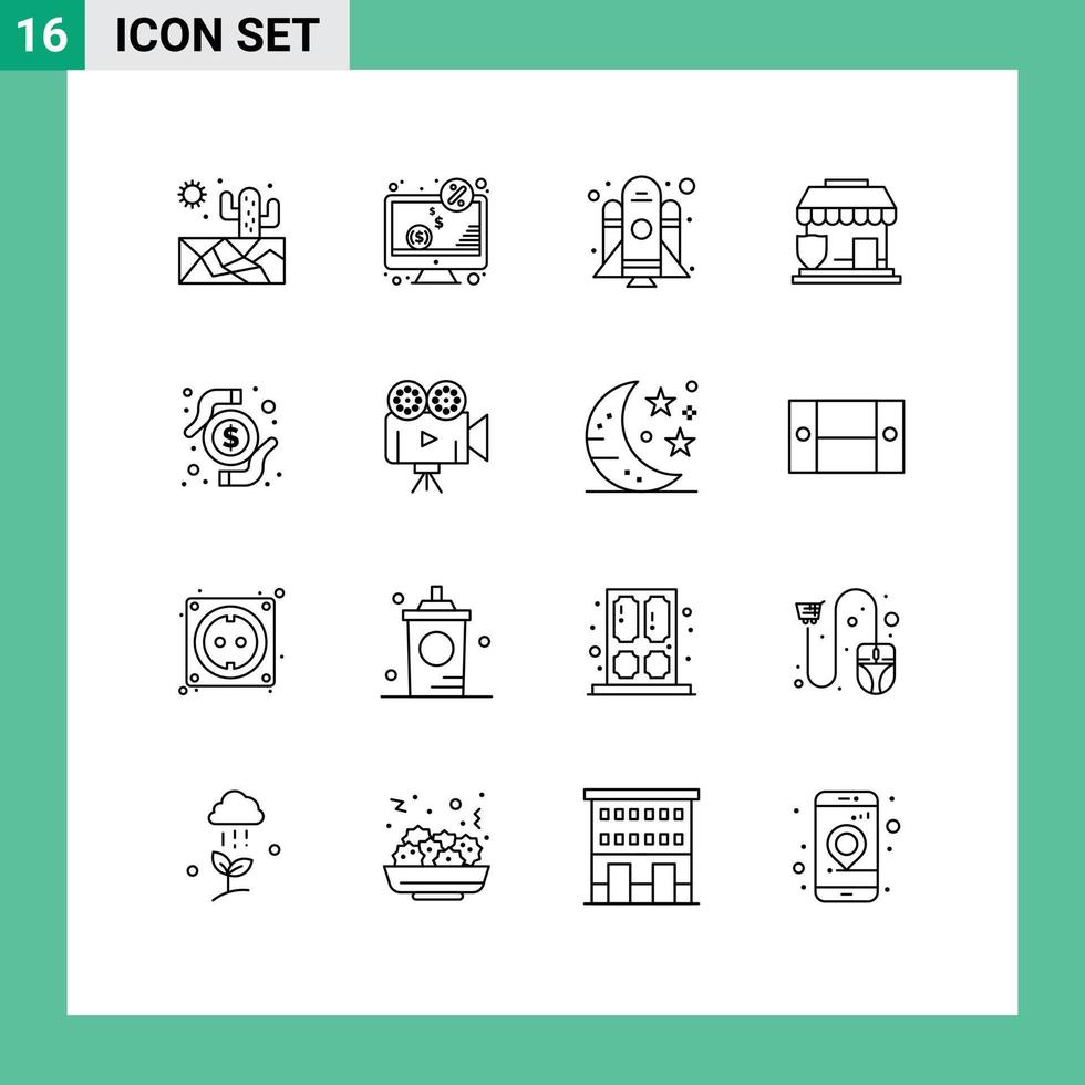 Pack of 16 Modern Outlines Signs and Symbols for Web Print Media such as transaction card rocket shop protection Editable Vector Design Elements
