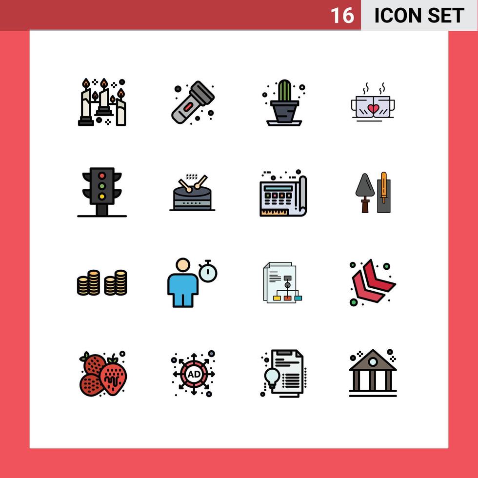 16 Universal Flat Color Filled Line Signs Symbols of traffic wedding cactus heart cup Editable Creative Vector Design Elements