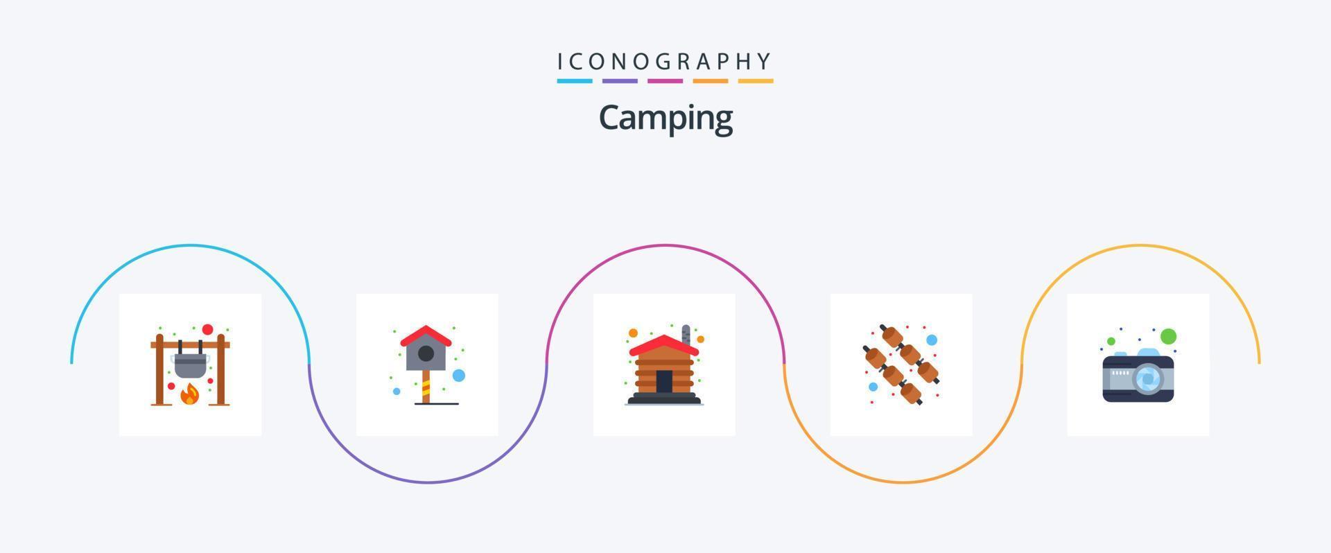 Camping Flat 5 Icon Pack Including picture. camera. house. sweet. food vector