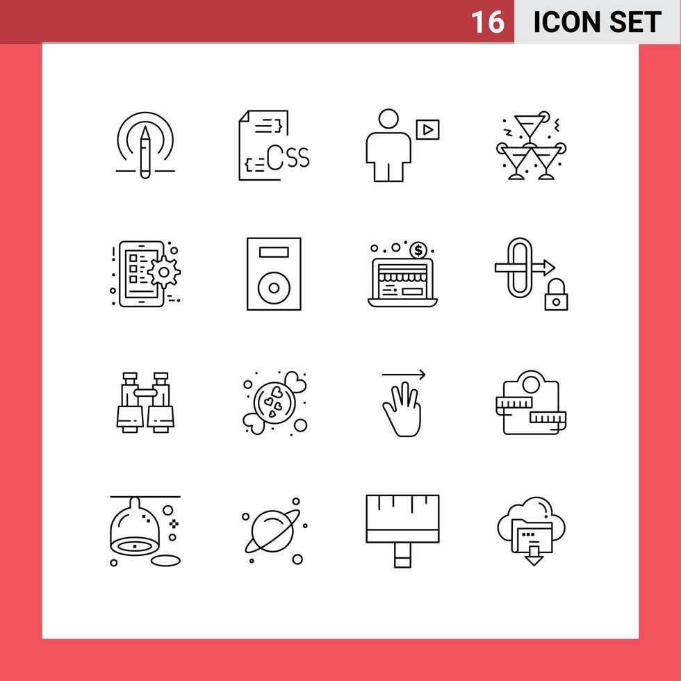 Modern Set of 16 Outlines and symbols such as wine drink file alcohol playback Editable Vector Design Elements