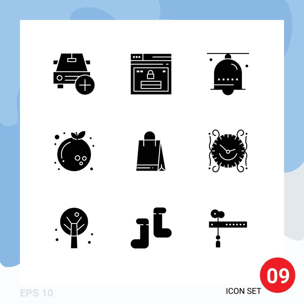 Set of 9 Vector Solid Glyphs on Grid for orange chinese website ring hand bell Editable Vector Design Elements