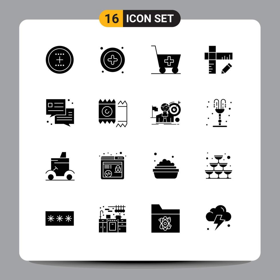 Group of 16 Solid Glyphs Signs and Symbols for condom dialog trolley chat geometry Editable Vector Design Elements