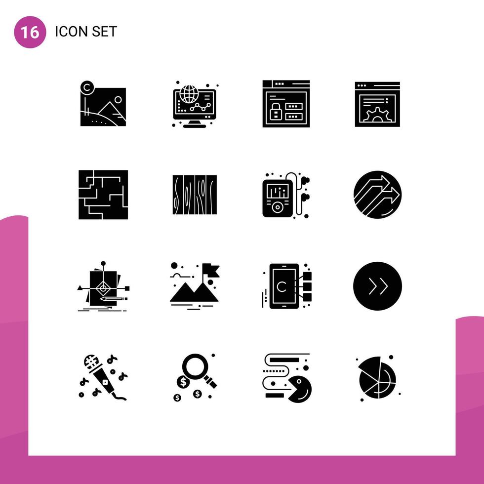 Modern Set of 16 Solid Glyphs Pictograph of map web shopping setting code Editable Vector Design Elements