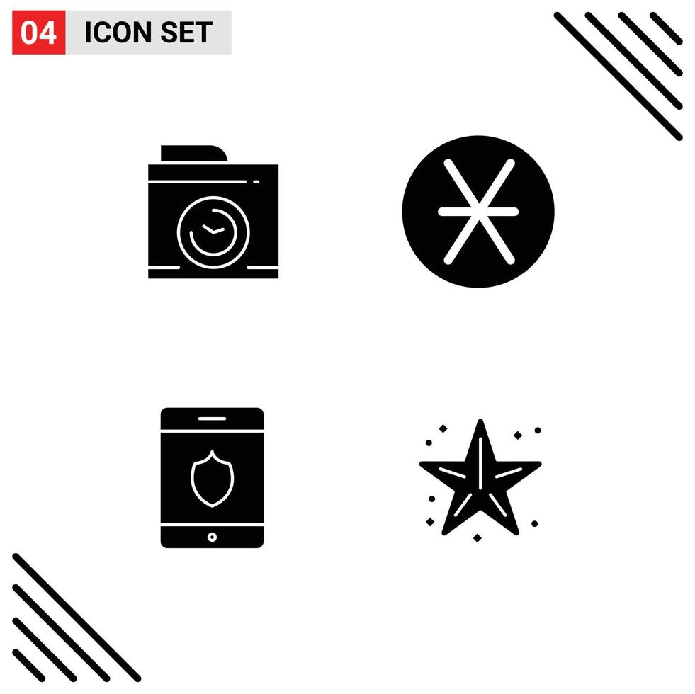 Pack of 4 Modern Solid Glyphs Signs and Symbols for Web Print Media such as camera smartphone denarius money ocean Editable Vector Design Elements