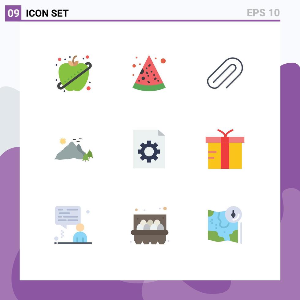 Pictogram Set of 9 Simple Flat Colors of document scene metal nature landscape Editable Vector Design Elements