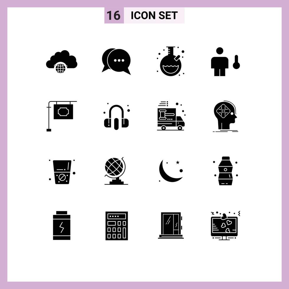 Group of 16 Solid Glyphs Signs and Symbols for sign human bubble degrees avatar Editable Vector Design Elements