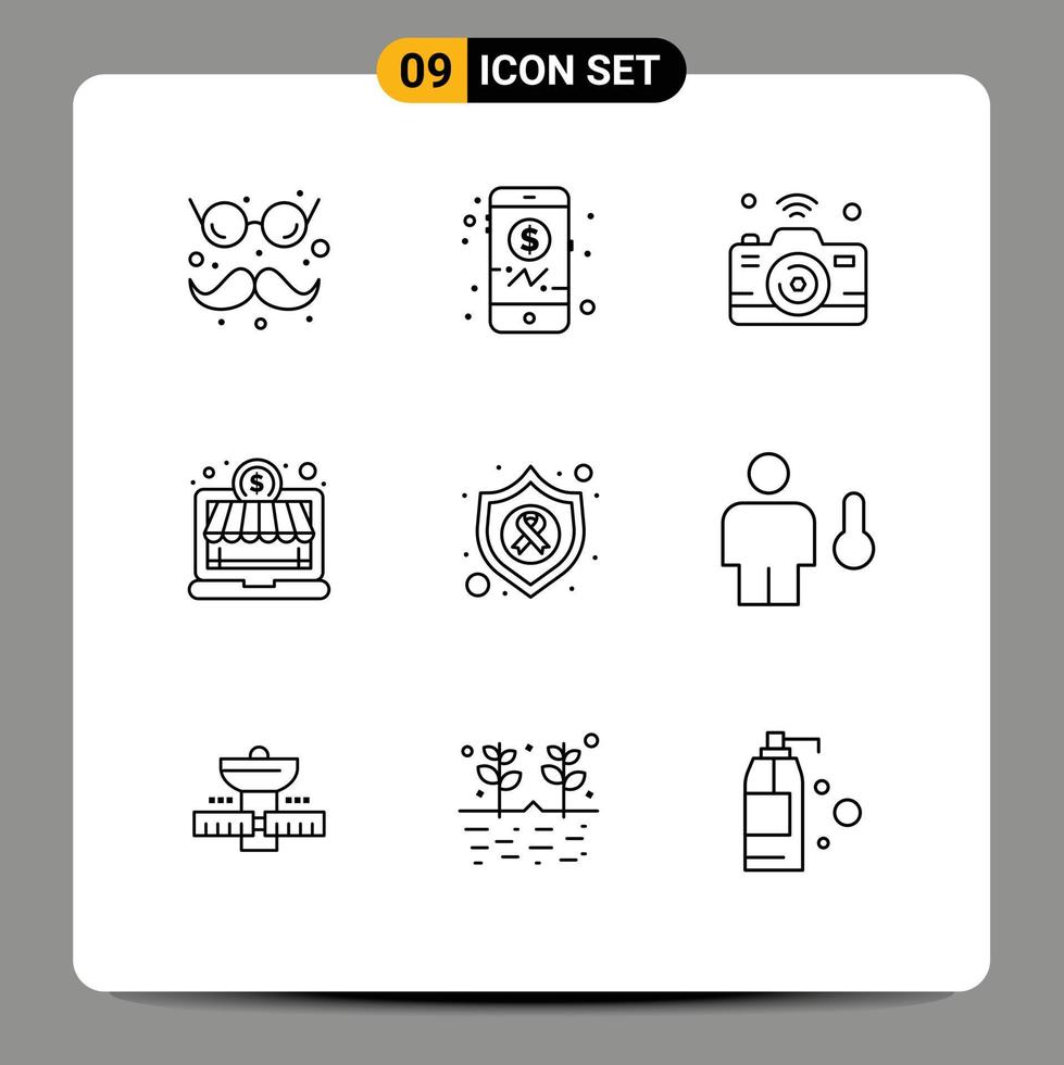 User Interface Pack of 9 Basic Outlines of shield arrow image money online shop Editable Vector Design Elements