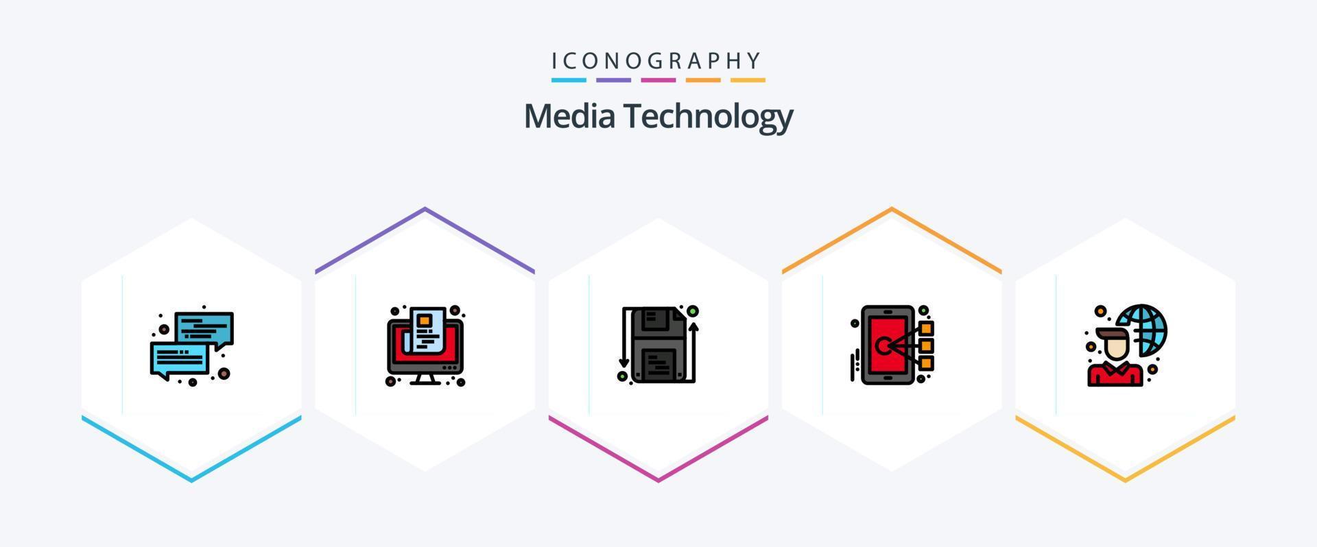 Media Technology 25 FilledLine icon pack including target. focus. online. cell. save vector