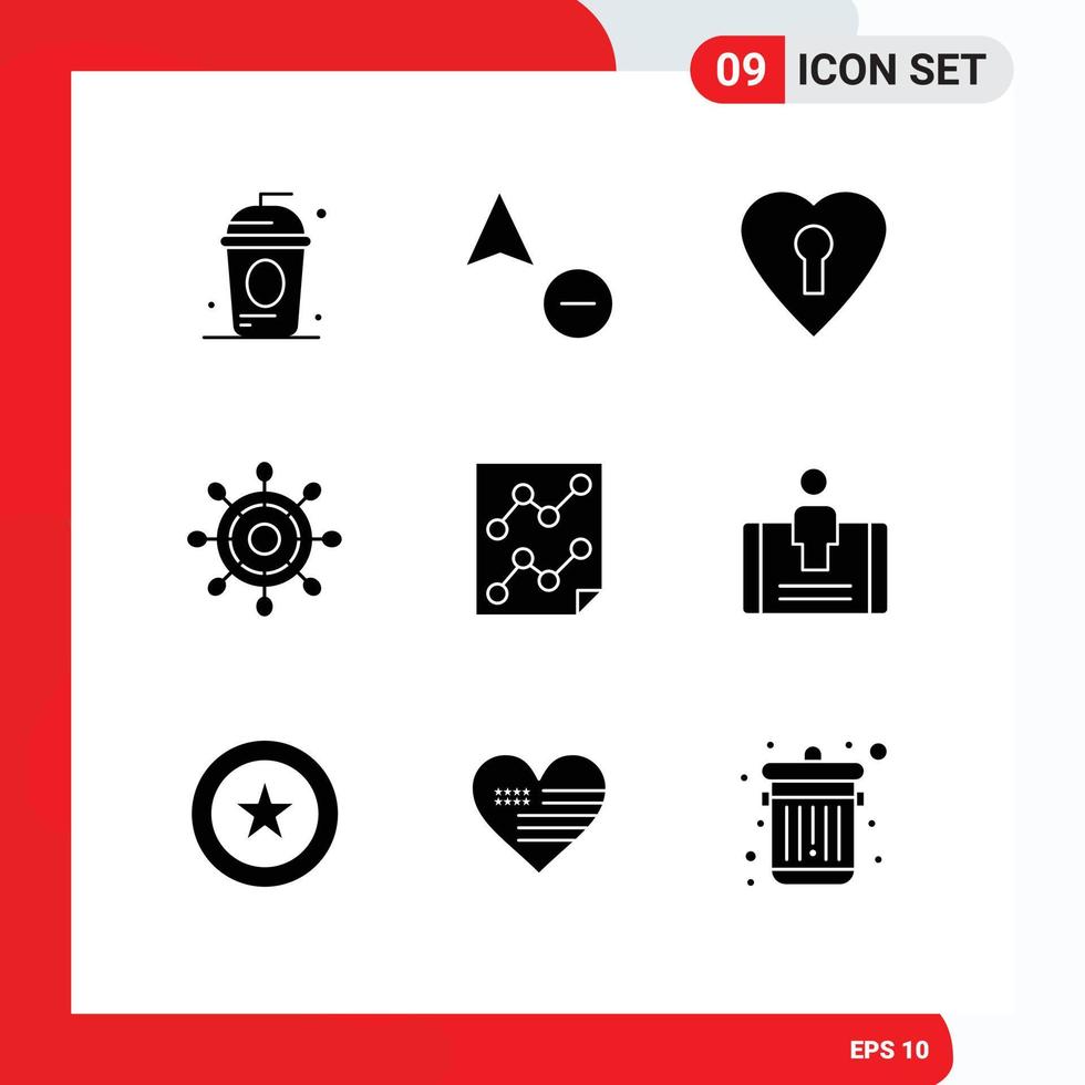 Modern Set of 9 Solid Glyphs Pictograph of paper data heart analytics marine Editable Vector Design Elements